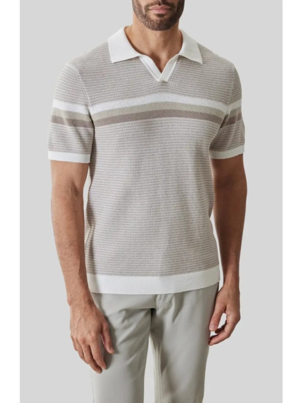 Robert Barakett Rourke Placed Stripe Cotton Polo Sweater White Cotton Size L NWT
